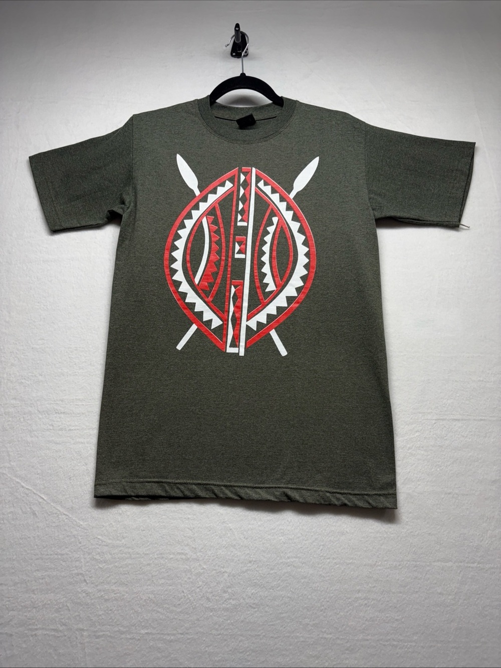 Kids Olive Green Graphic T-Shirt with Red & White Shield Design made in Kenya